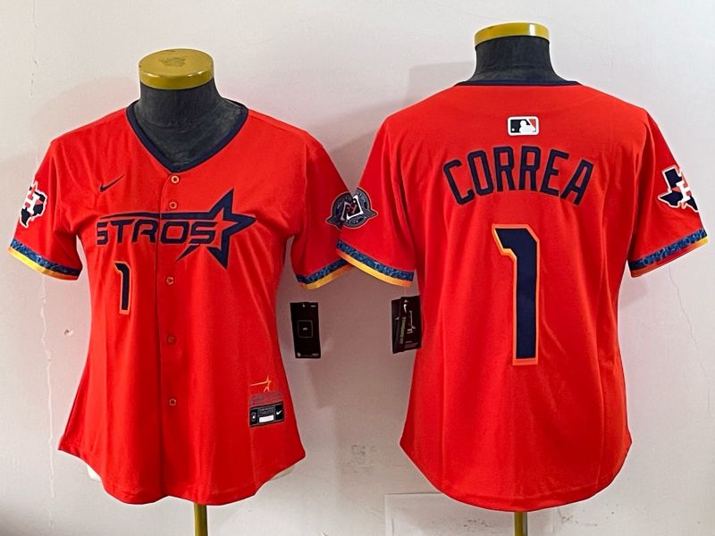Women 2025 Houston Astros 1 Correa Orange Four generations Joint Name Nike MLB Jersey style 04